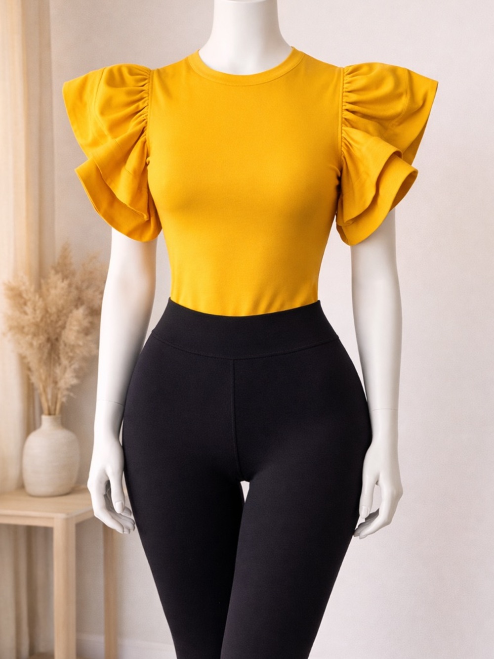 Windsor Yellow Ruffle Sleeve Top Size S Stretch Polyester Statement Blouse